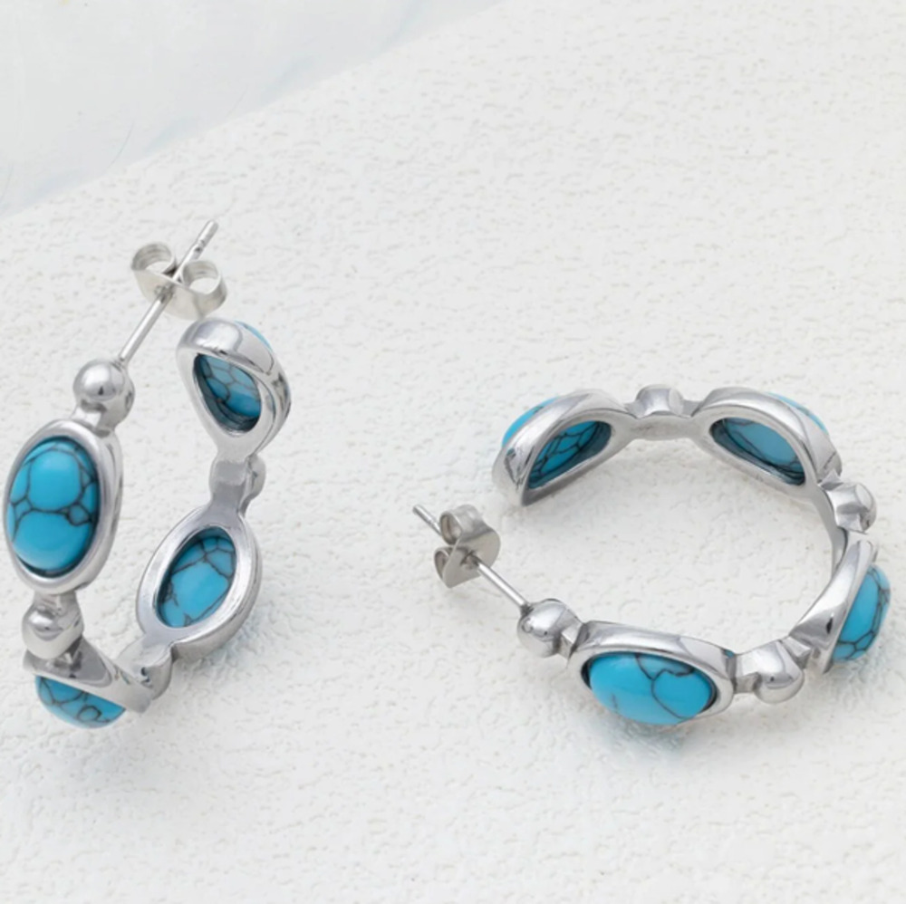 Stainless Steel Turquoise Stone Huggie Earrings Lightweight Bohemian